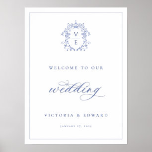 Regency Blau Wapen Initialen Trouw Welkom Poster