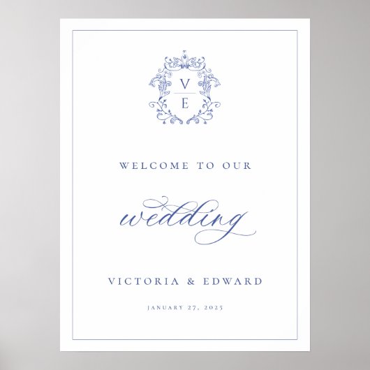 Regency Blau Wapen Initialen Trouw Welkom Poster (Voorkant)