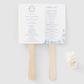 Regency Blauw Crest Monogram Trouwprogramma Handwaaier (Voorkant en achterkant)