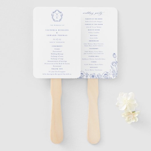 Regency Blauw Crest Monogram Trouwprogramma Handwaaier (Voorkant en achterkant)