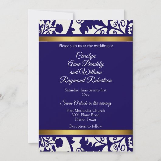 Regency Blauwe Damast Bruiloft Kaart (Voorkant)
