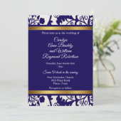 Regency Blauwe Damast Bruiloft Kaart (Staand voorkant)