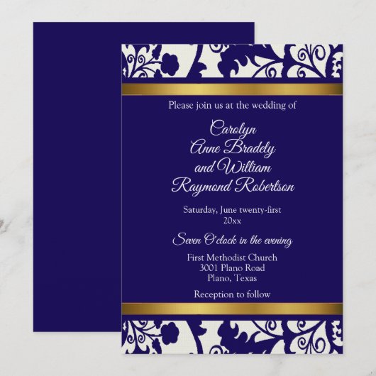 Regency Blauwe Damast Trouwdag Kaart (Voorkant / Achterkant)