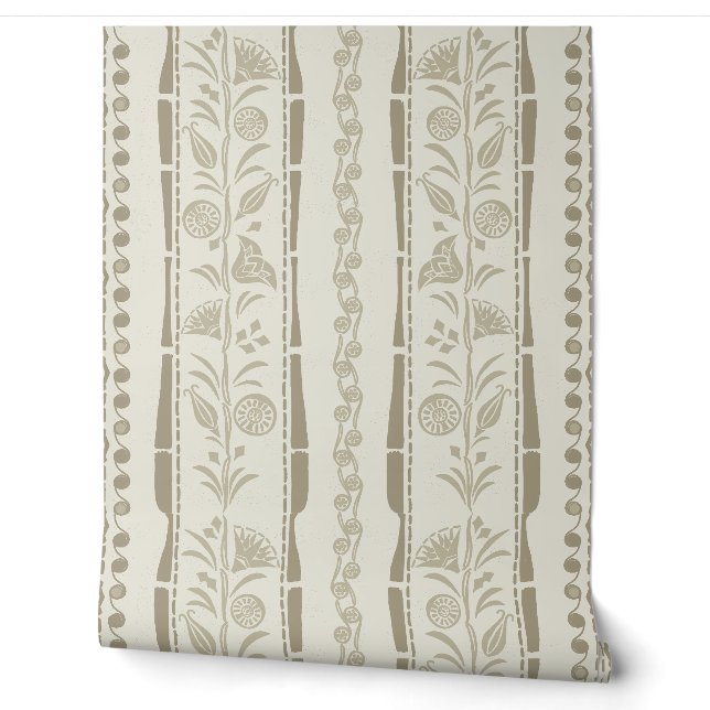 Regency Bloemrijke Strepen - Khaki - Crème Behang (Afrollen)