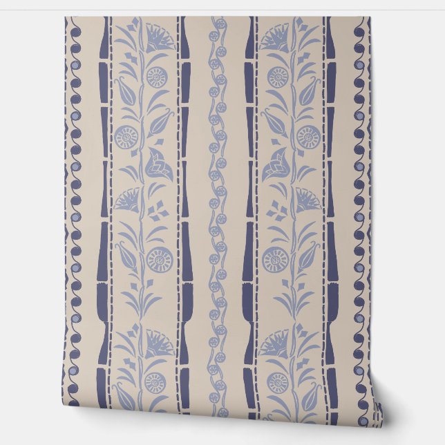 Regency Bloemstrepen - Marineblauw - Crème Behang (Afrollen)