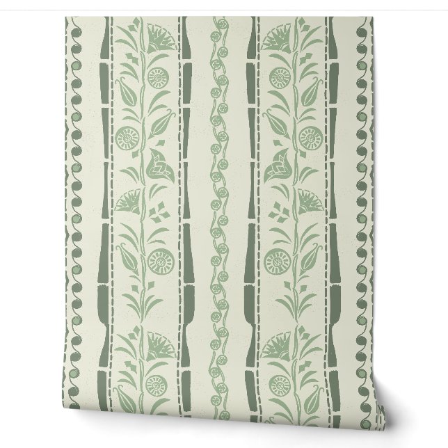 Regency bloemstrepen - saliegroen - crème behang (Afrollen)