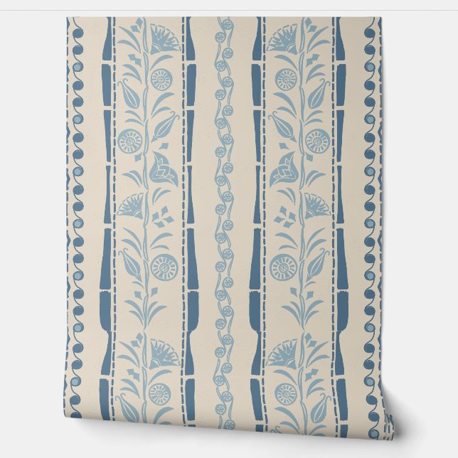 Regency bloemstrepen - Stofblauw - Crème Behang (Afrollen)