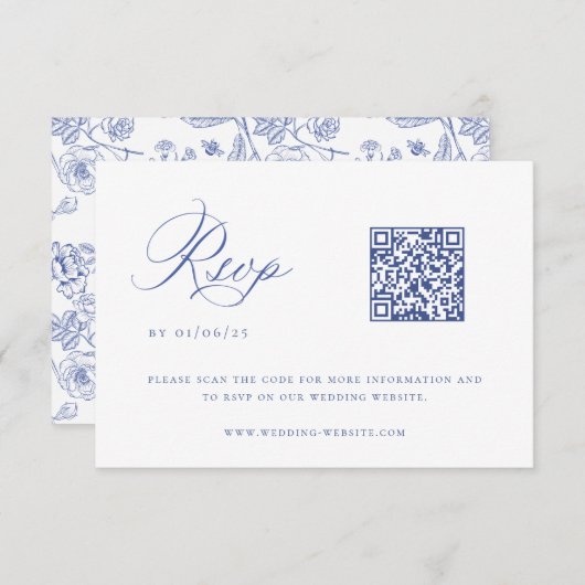 Regency Blue Chinoiserie Huwelijk QR Code RSVP Kaartje (Voorkant / Achterkant)