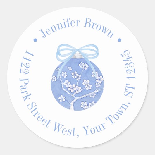 Regency Blue Christmas Bauble Bow Retouradres Ronde Sticker (Voorkant)