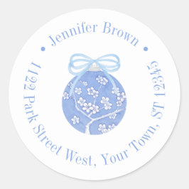 Regency Blue Christmas Bauble Bow Retouradres Ronde Sticker