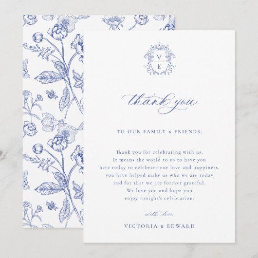 Regency Blue Crest Bruiloft Receptie Tafel Bedankkaart (Voorkant / Achterkant)