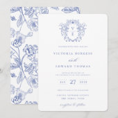 Regency Blue Crest Monogram Uitnodiging (Voorkant / Achterkant)