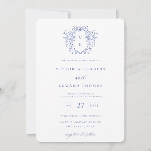 Regency Blue Crest Monogram Uitnodiging (Voorkant)