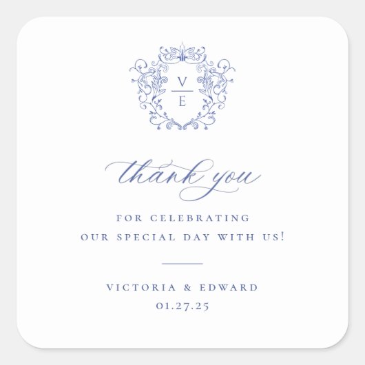 Regency Blue Crest Monogram Weddenschap Bedankt Vierkante Sticker (Voorkant)