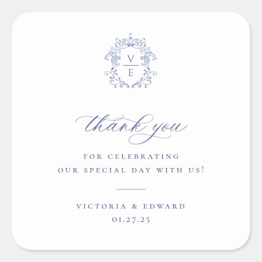 Regency Blue Crest Monogram Weddenschap Bedankt Vierkante Sticker (Voorkant)