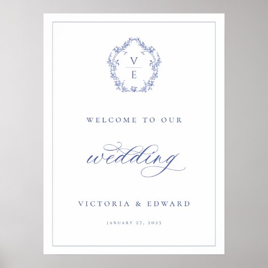 Regency Blue Crest Monogram Weddenschap Welkom Poster (Voorkant)