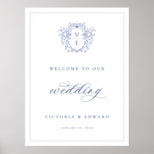 Regency Blue Crest Monogram Weddenschap Welkom Poster