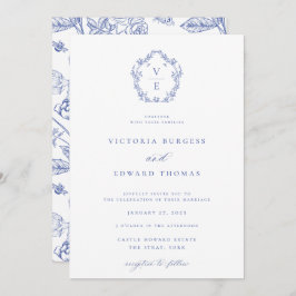 Regency Blue Crest Monogram Wedding Kaart