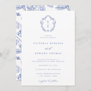 Regency Blue Crest Monogram Wedding Kaart