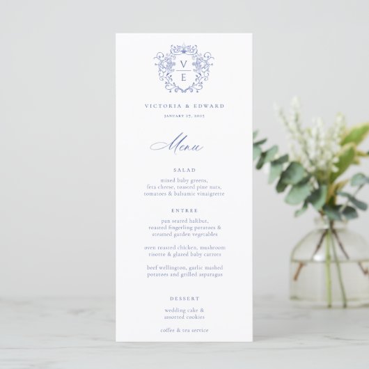Regency Blue Crest Monogram Wedding Menu (Staand voorkant)