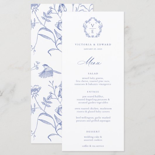 Regency Blue Crest Monogram Wedding Menu (Voorkant / Achterkant)