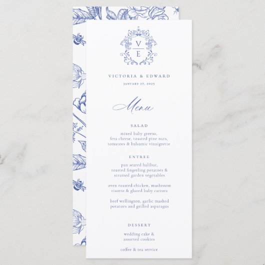 Regency Blue Crest Monogram Wedding Menu (Voorkant / Achterkant)