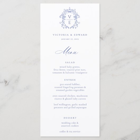 Regency Blue Crest Monogram Wedding Menu (Voorkant)