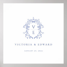 Regency Blue Crest Monogram Wedding Poster