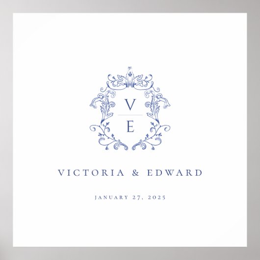 Regency Blue Crest Monogram Wedding Poster (Voorkant)