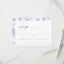 Regency Blue Floral Meal Choice Wedding RSVP Kaart