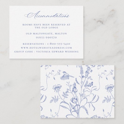 Regency Blue Floral Wedding Accommodations Informatiekaartje (Voorkant / Achterkant)