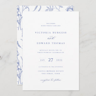 Regency Blue Floral Wedding Invitation Kaart