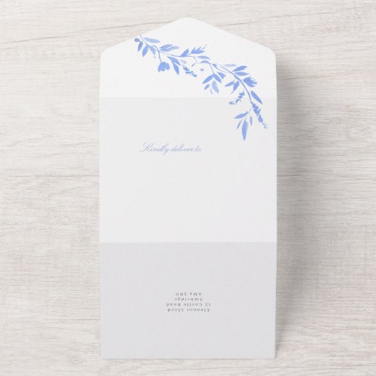 Regency Blue Leafy Monogram Crest Wedding All In One Uitnodiging (Buitenkant)