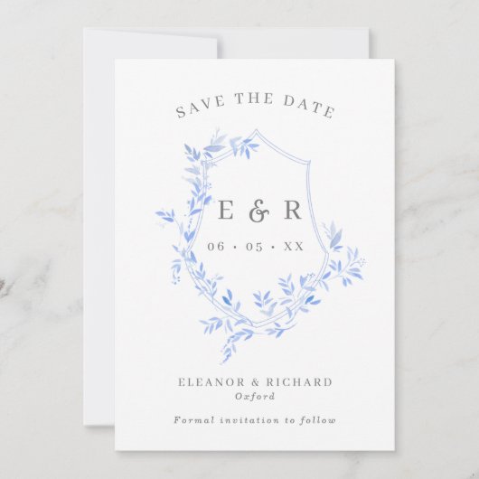 Regency Blue Leaves Crest Monogram Weddenfoto Save The Date (Voorkant)