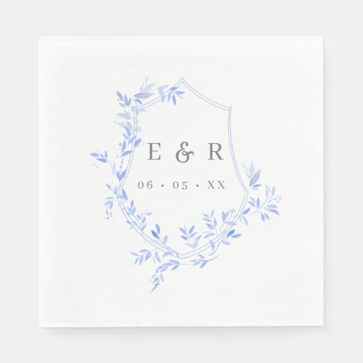 Regency Blue Leaves Crest Monogram Wedding Servet (Voorkant)