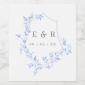 Regency Blue Leaves Crest Monogram Wedding Wijn Etiket (Enkel label)