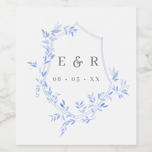 Regency Blue Leaves Crest Monogram Wedding Wijn Etiket (Enkel label)