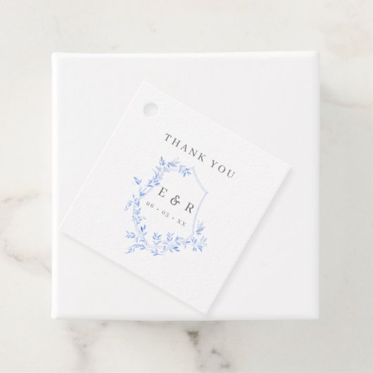Regency Blue leves Crest Monogram Dank je Bedankjes Labels (In situ)