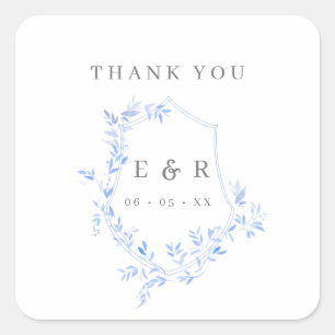 Regency Blue leves Crest Monogram Dank je Vierkante Sticker