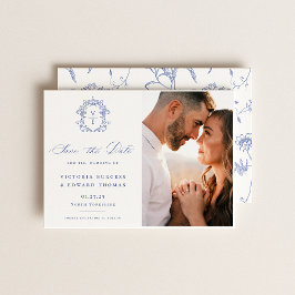 Regency Blue Monogram Crest Wedding Foto Save The Date