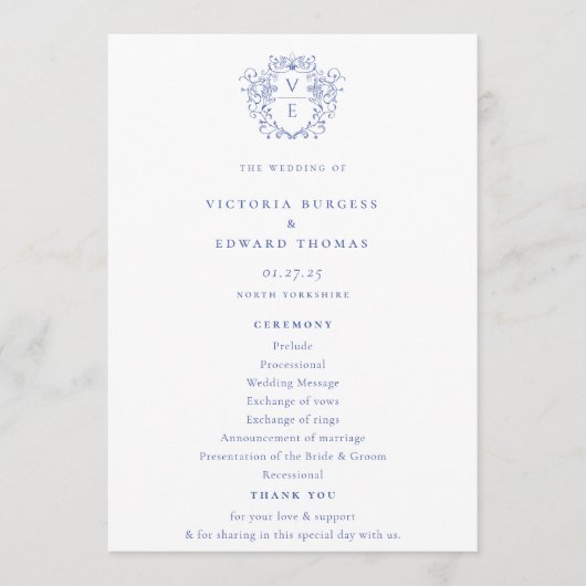 Regency Blue Monogram Crest Wedding Programmakaart (Voorkant)
