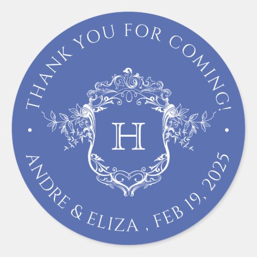  Regency Blue Monogram Crest Wedding Ronde Sticker (Voorkant)