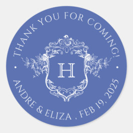  Regency Blue Monogram Crest Wedding Ronde Sticker