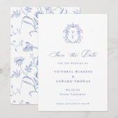 Regency Blue Monogram Crest Wedding Save The Date (Voorkant / Achterkant)