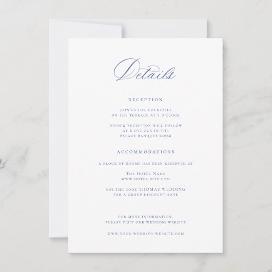 Regency Blue Wedding Details Enclosure Kaart (Voorkant)