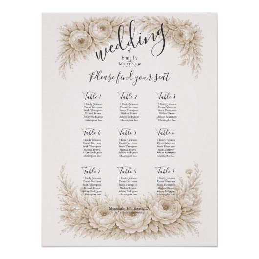 Regency Botanical Engraving Wedding Seating Chart Perfect Poster (Voorkant)