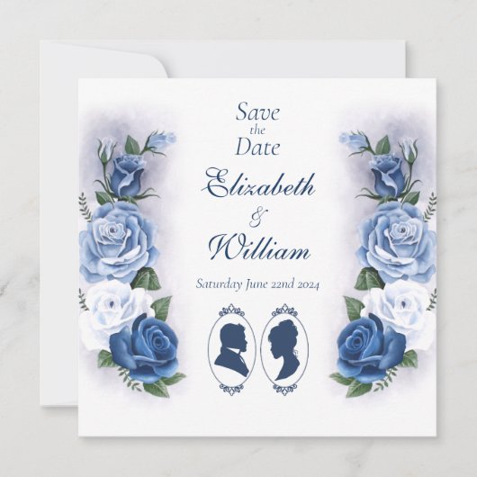 Regency Bridgerton Blue Rozen Cameo Save The Date (Voorkant)