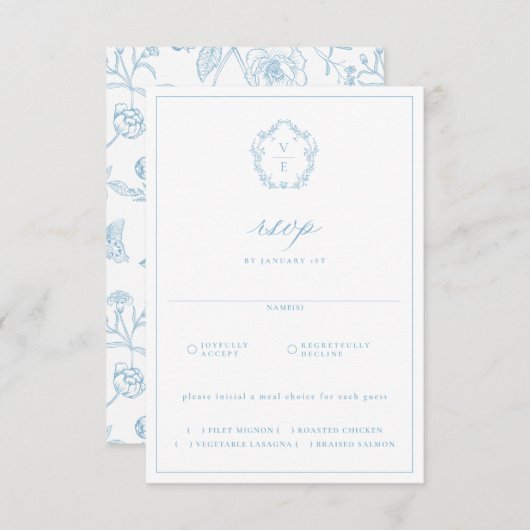 Regency Crest Licht Blauw Maaltijd Keuze Bruiloft RSVP Kaartje (Voorkant / Achterkant)