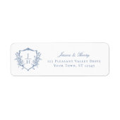 Regency Crest Monogram Blue Wedding Retour Adres Etiket (Voorkant)