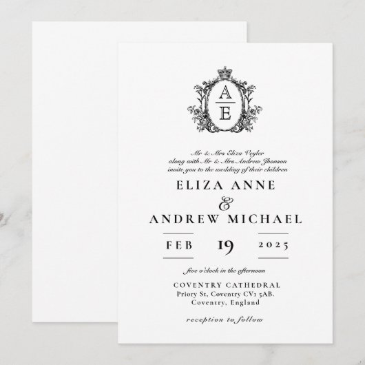 Regency Crest Monogram Zwart-wit bruiloft Kaart (Voorkant / Achterkant)
